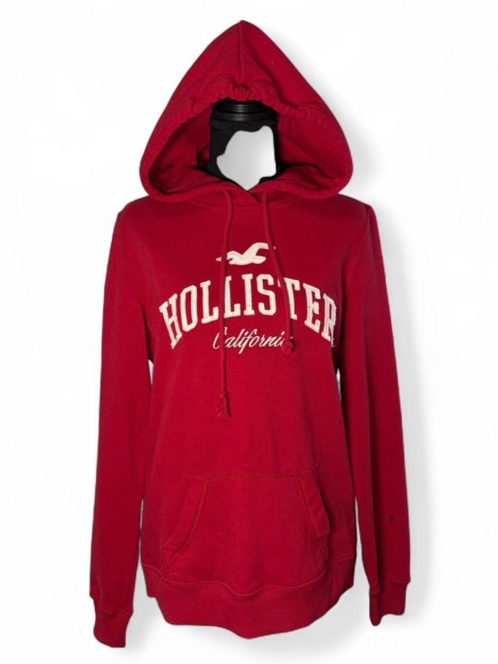 Hollister Red Fleece Hoodie Sweatshirt Applique Logo Pullover Medium
